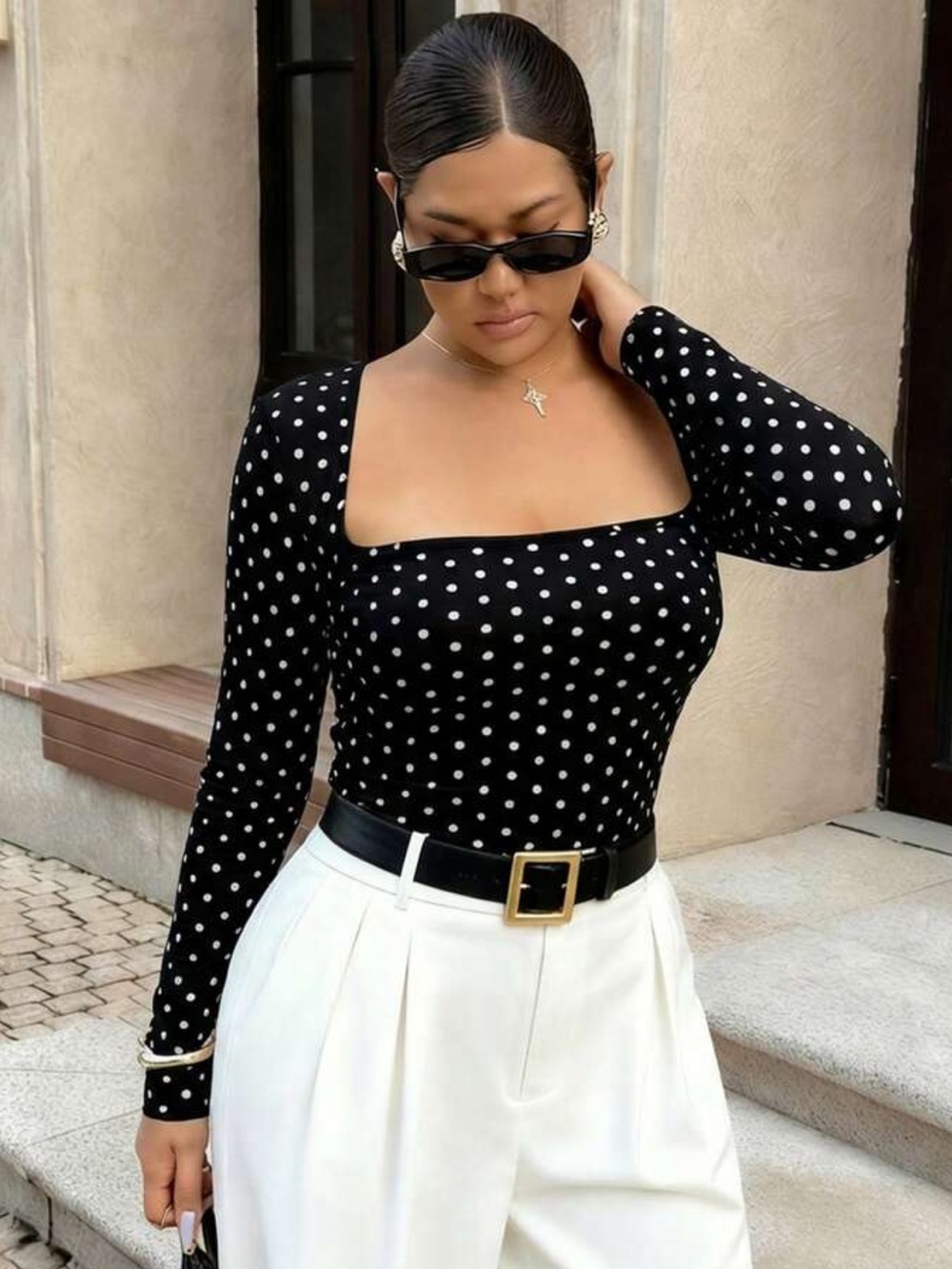 Dripcurv Women's Plus Size Polka Dot Slim Fit Casual Round Neck Sleeve Black Top
